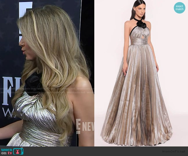 Tarik Ediz Metallic Halter Evening Gown worn by Nikki Novak on E! News