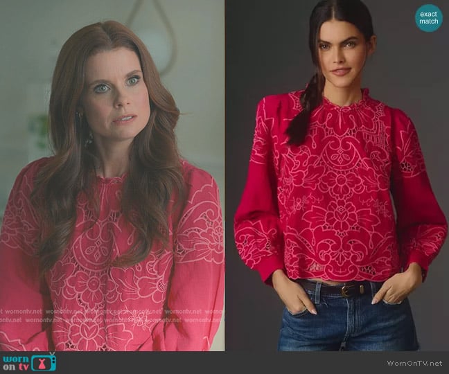 By Anthropologie The Lainie Long-Sleeve Lace Cutwork Blouse worn by Maddie Townsend (JoAnna Garcia Swisher) on Sweet Magnolias