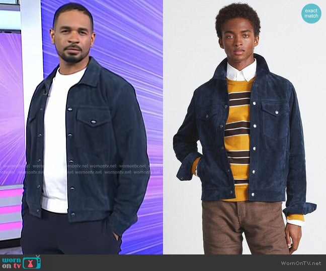 Todd Snyder Italian Suede Snap Dylan Jacket in Navy worn by Damon Wayans Jr. on Today