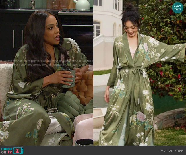 Ulivary Floral Silky Kimono Robe in olive green worn by Jada Hunter (Elia Cantu) on Days of our Lives