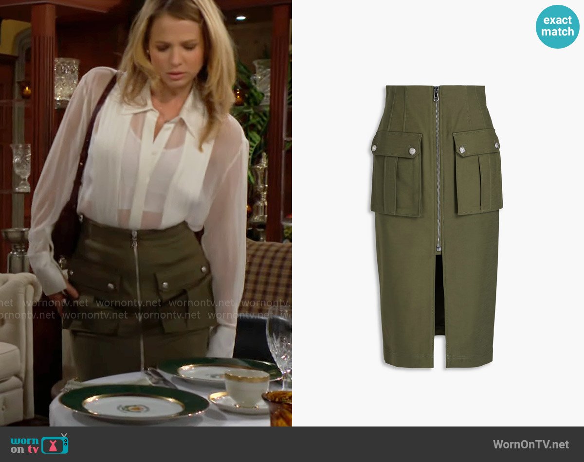 Veronica Beard Dallas Utility Midi-Skirt worn by Summer Newman (Allison Lanier) on The Young and the Restless