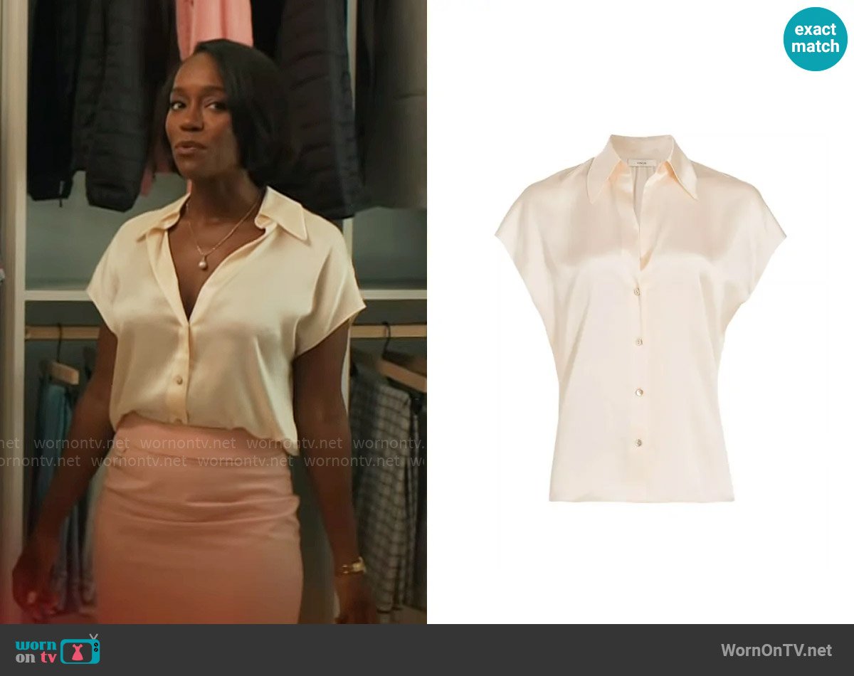 Vince Cap Sleeve Ruched Back Blouse in Chiffon worn by Catherine (Aja Naomi King) on Grosse Pointe Garden Society