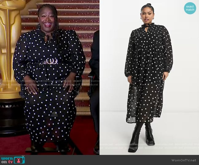 Wednesday's Girl Curve Tiered Polka Dot Midi Smock Dress in black worn by Kelley Carter on Good Morning America