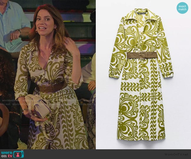 Zara Printed Dress with Jute Belt worn by Amanda Larusso (Courtney Henggeler) on Cobra Kai