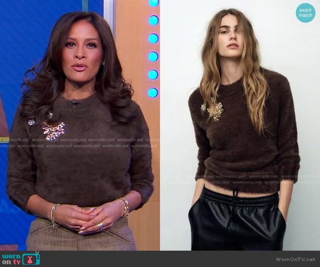 Zara Faux Fur Knit Sweater with Brooches worn by Rocsi Diaz on Good Morning America