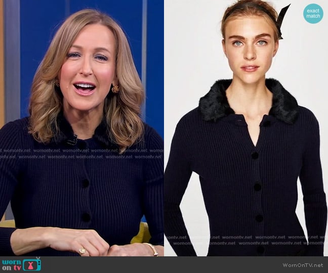 Zara Faux Fur Collar Sweater Cardigan worn by Lara Spencer on Good Morning America