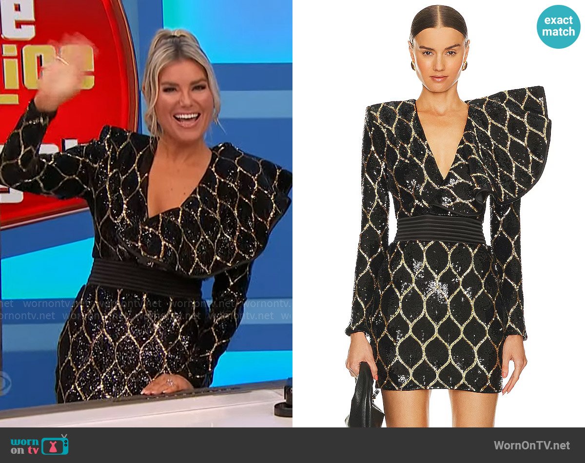 Rachel’s black and gold sequin mini dress on The Price is Right