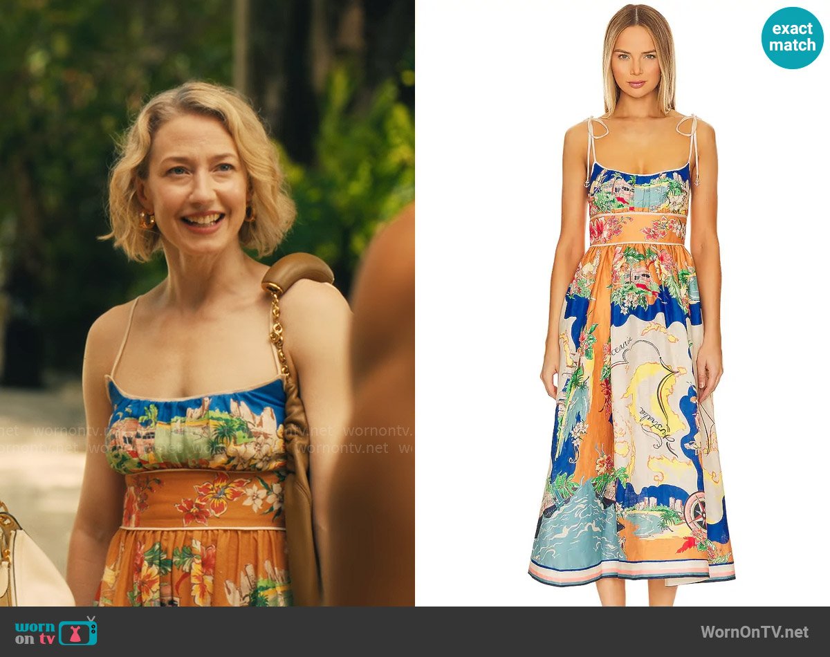 Zimmermann Alight Picnic Midi Dress in Nautical Map worn by Laurie (Carrie Coon) on The White Lotus