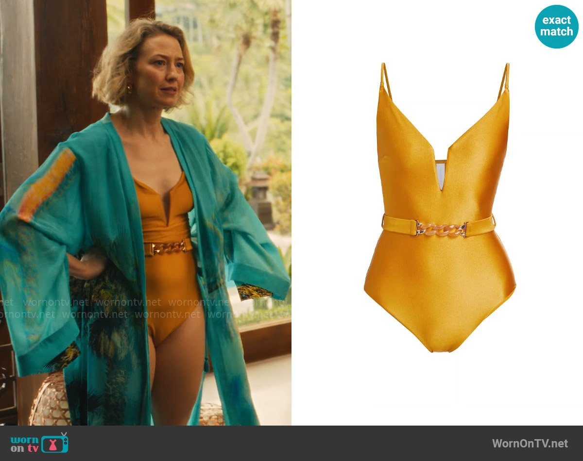 Laurie’s yellow plunge-neck swimsuit on The White Lotus