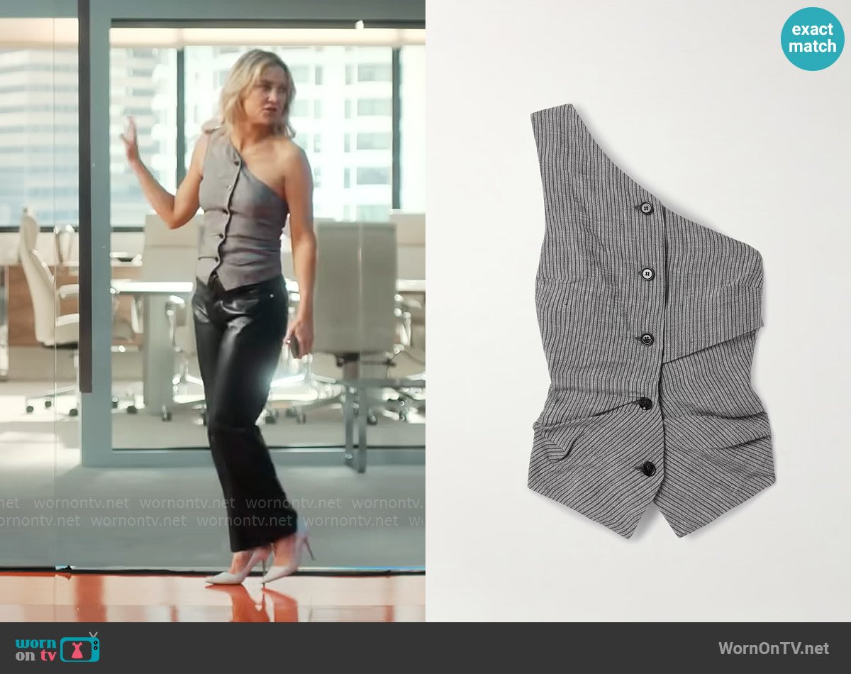 Acne Studios One-shoulder gathered striped linen-blend and satin top worn by Isla Gordon (Kate Hudson) on Running Point