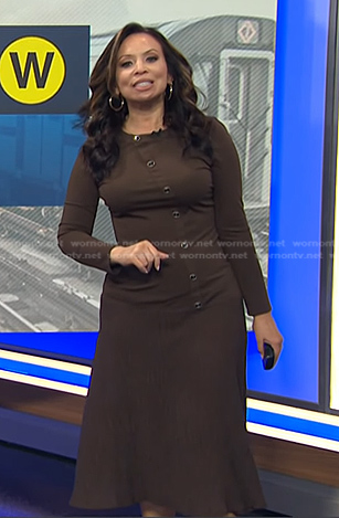 Adelle's brown asymmetric button midi dress on Today