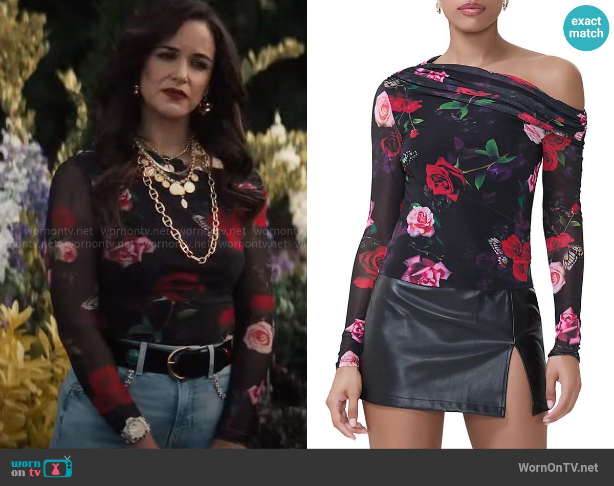 AFRM Barry One-Shoulder Mesh Top in Mixed Rose worn by Birdie (Melissa Fumero) on Grosse Pointe Garden Society