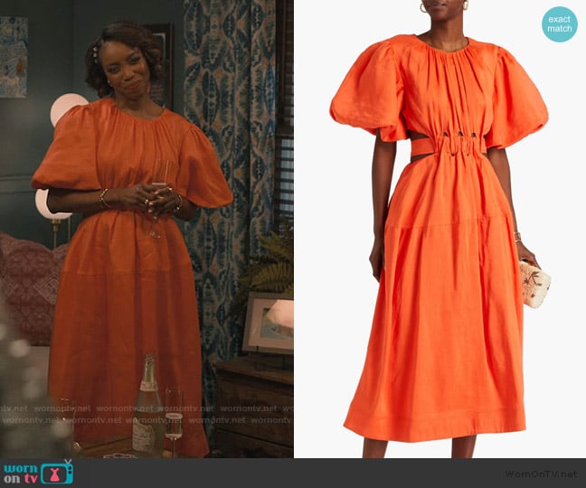 Aje Cosette cutout linen-blend midi dress worn by Helen Decatur (Heather Headley) on Sweet Magnolias