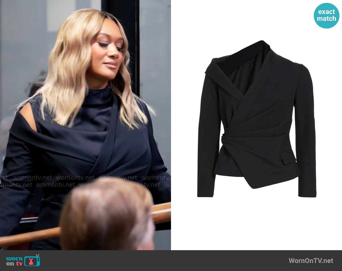 Fatima’s black asymmetric shoulder jacket on Tyler Perrys Sistas