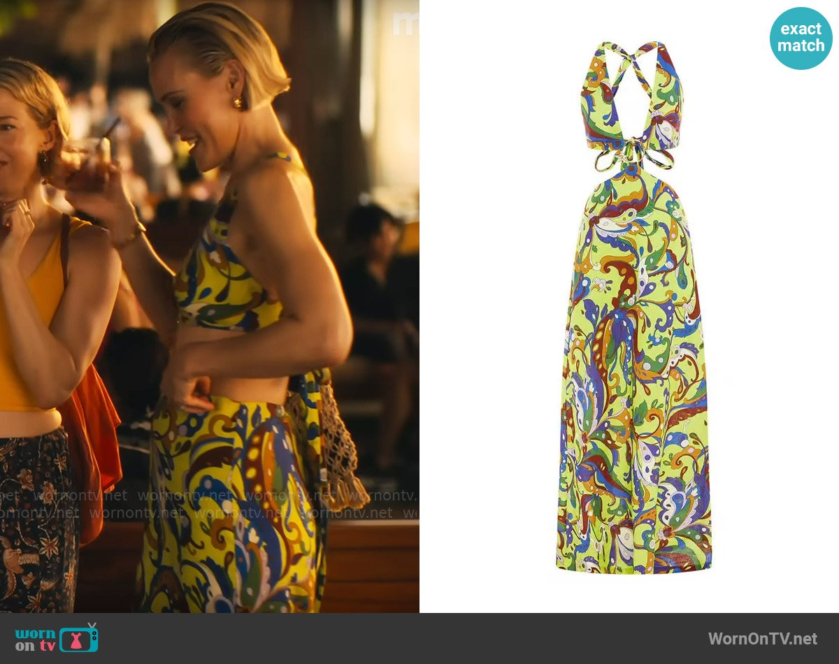 Alemais Yvette linen cutout maxi dress worn by Kate (Leslie Bibb) on The White Lotus