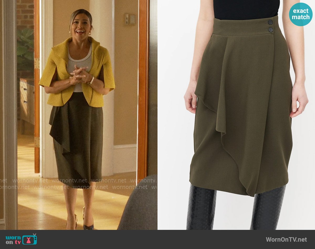 Alexander McQueen Khaki Green Drape Wrap Skirt worn by Marion Alba (Gina Rodriguez) on Will Trent