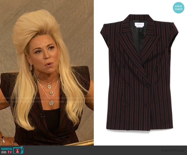 Alexander McQueen Pinstriped sleeveless blazer worn by Theresa Caputo on The Drew Barrymore Show