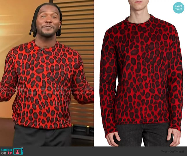 Alexander McQueen Leopard Crewneck Sweater worn by Scott Evans on Access Hollywood