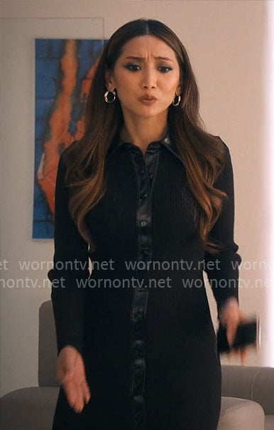 Ali's black leather trim button front dress on Running Point