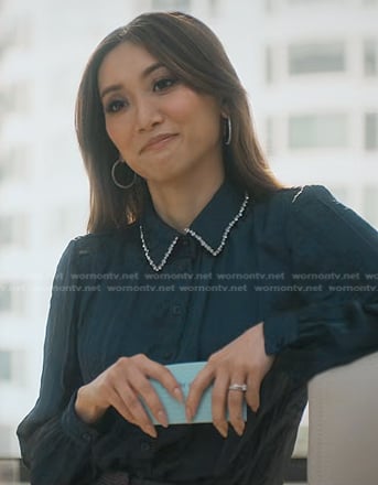 Ali's navy embellished collar blouse on Running Point