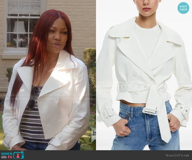 Alice + Olivia Keith Cropped Trench Coat worn by Garcelle Beauvais on The Real Housewives of Beverly Hills