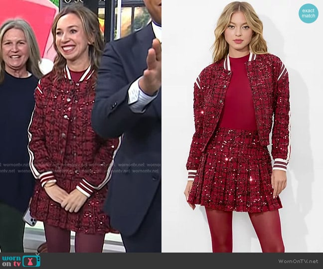 Alice + Olivia Keri Varsity Jacket in Garnet worn by Shannon Doherty on Today