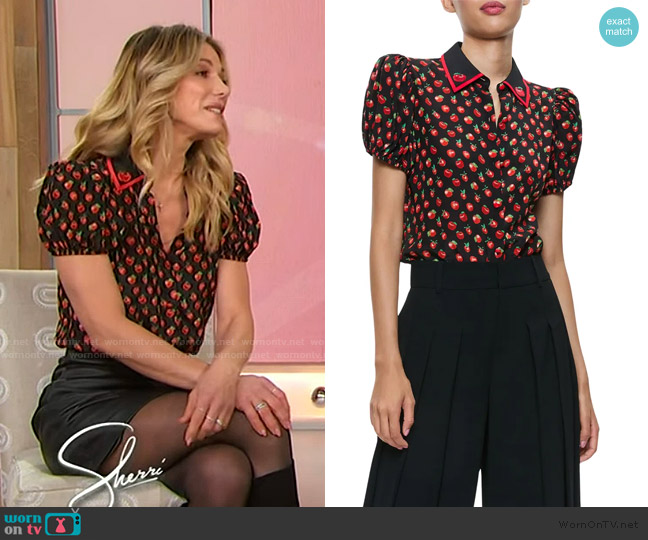 Alice + Olivia Willa Embroidered Puff Sleeve Silk Top worn by Debbie Matenopoulos on Sherri