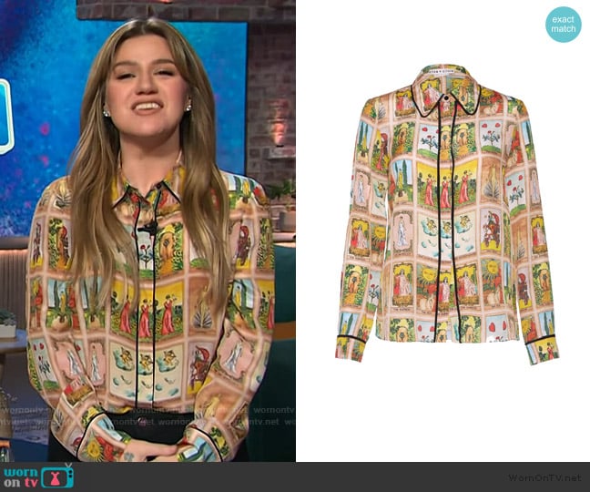 Alice + Olivia Tarot Card Alfie Silk Blouse Collared Top worn by Kelly Clarkson on The Kelly Clarkson Show