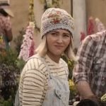 Alice’s floral denim overalls and floral knit beanie on Grosse Pointe Garden Society