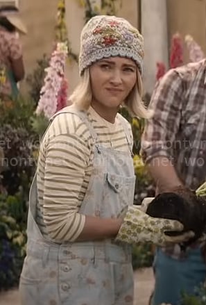 Alice's floral denim overalls and floral knit beanie on Grosse Pointe Garden Society