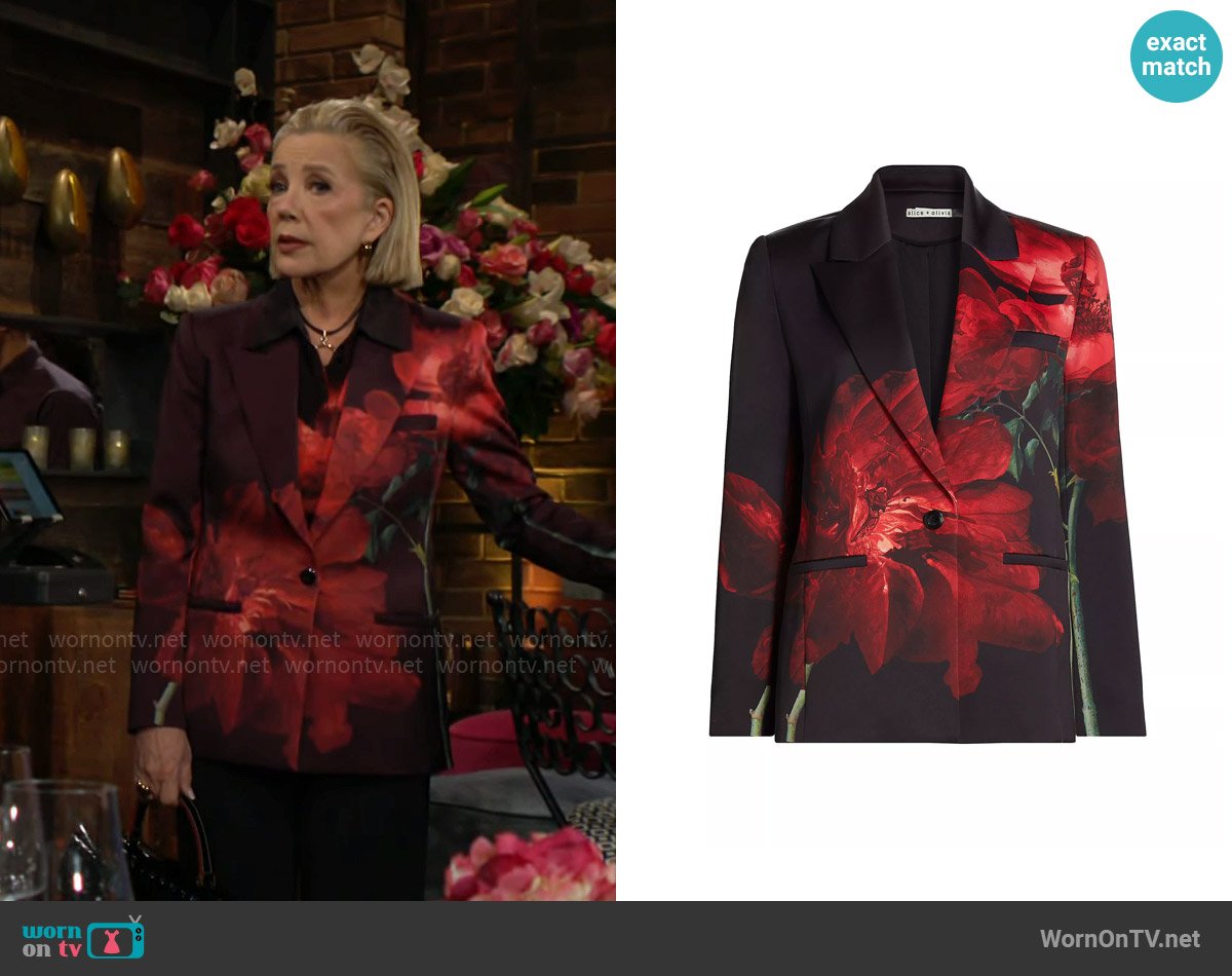 Alice + Olivia Silas Floral Silk Blazer in Peony Petals Bright Ruby worn by Nikki Reed Newman (Melody Thomas-Scott) on The Young and the Restless