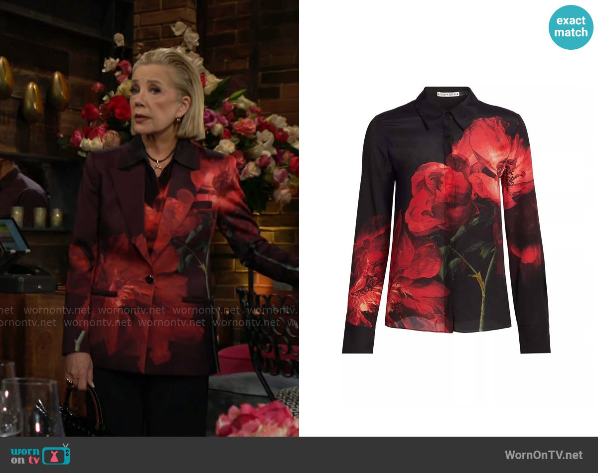 Alice + Olivia Brady Shirt in Peony Petals Bright Ruby worn by Nikki Reed Newman (Melody Thomas-Scott) on The Young and the Restless