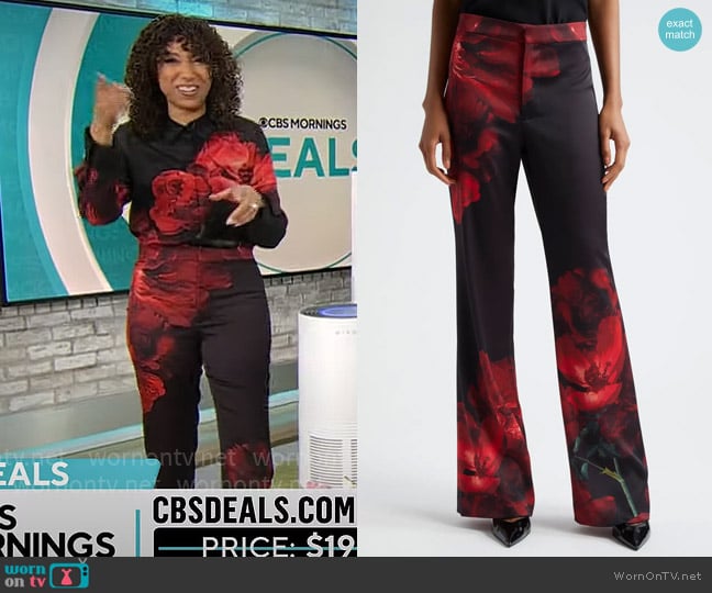 Alice + Olivia Ronnie Pants in Peony Petals Bright Ruby worn by Gabrielle Kerr on CBS Mornings