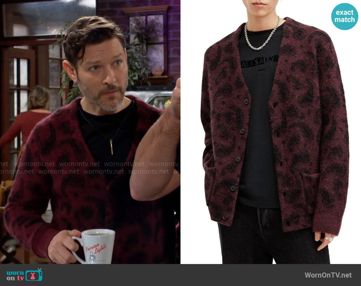 All Saints Bancat Cardigan in Winehouse Red worn by Daniel Romalotti (Michael Graziadei) on The Young and the Restless