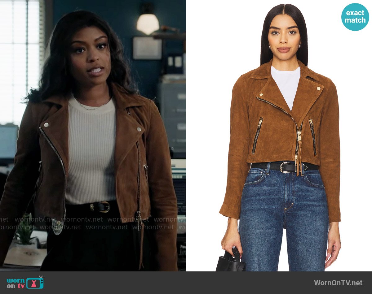 Daphne’s brown suede moto jacket on High Potential