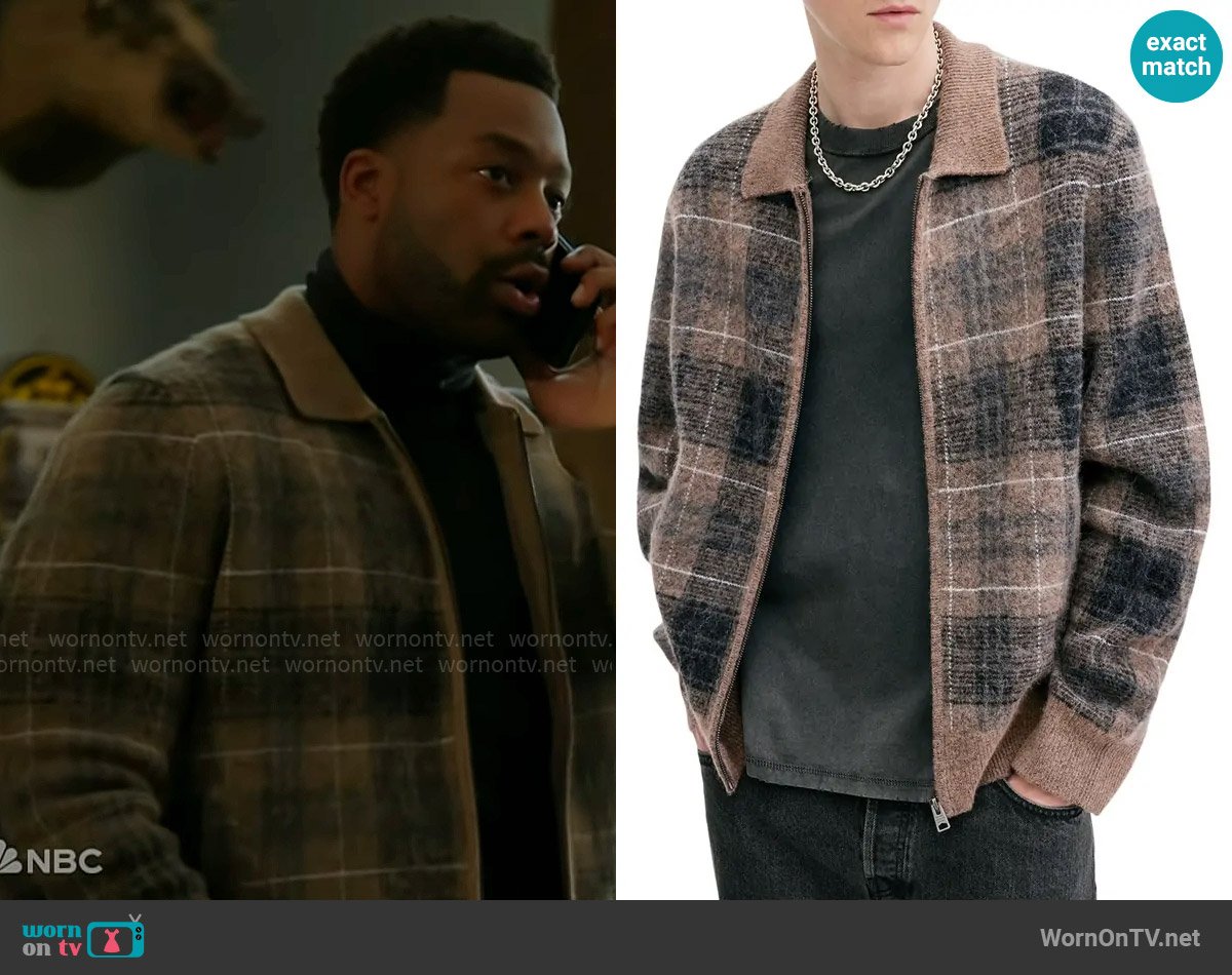 Kevin’s beige plaid zip up cardigan on Chicago PD