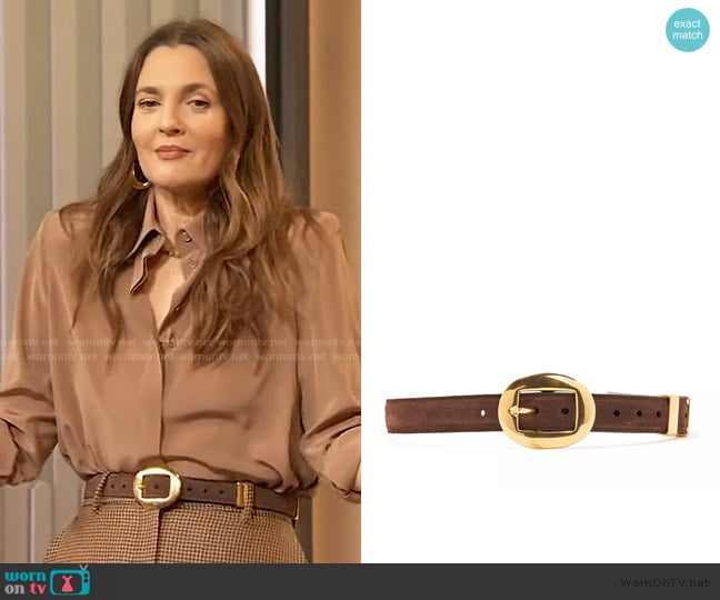 Altuzarra Vintage Brass Buckle Belt worn by Drew Barrymore on The Drew Barrymore Show