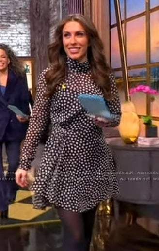 Alyssa’s black tie neck printed mini dress on The View