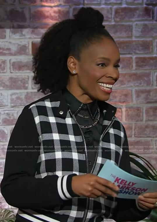 Amber Ruffin's check print bomber jacket on The Kelly Clarkson Show