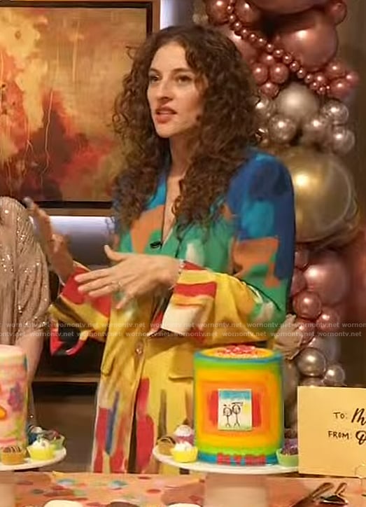 Amirah Kassem's multicolored print blazer and pants on The Drew Barrymore Show