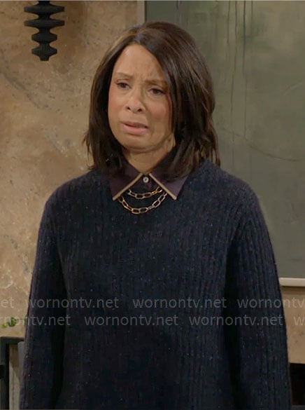 Amy's navy knit sweater on The Young and the Restless