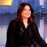 Ana’s black ruffle trim blouse and pants on The View