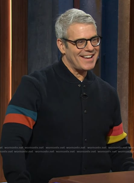 Andy Cohen's sleeve stripe bomber jacket on The Kelly Clarkson Show