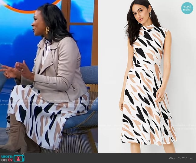 Ann Taylor Abstract Mock Neck Flare Midi Dress worn by Trillia Newbell on Good Morning America