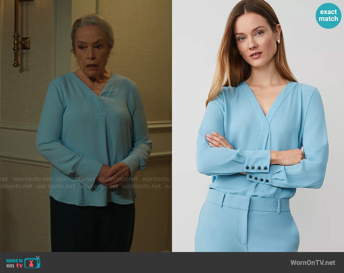 Ann Taylor Mixed Media Pleat Front Top in Pristine Aqua worn by Madeline Matlock (Kathy Bates) on Matlock