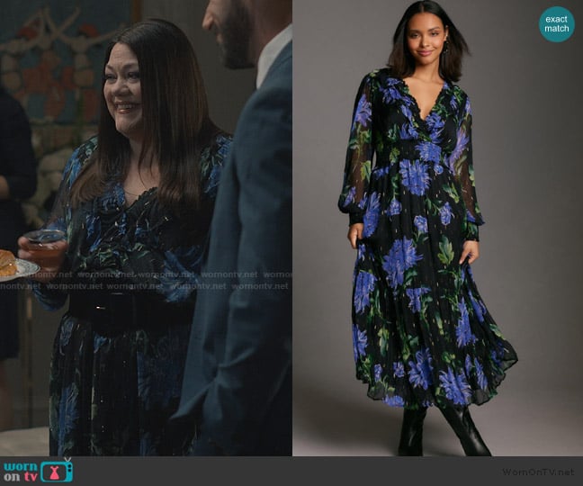 Anthropologie Odetta Ruffled V-Neck Dress worn by Dana Sue Sullivan (Brooke Elliott) on Sweet Magnolias