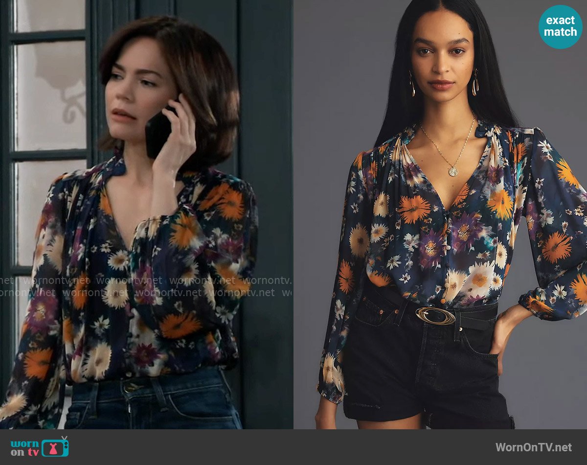 By Anthropologie The Estela Sheer Printed Blouse worn by Elizabeth Webber (Rebecca Herbst) on General Hospital