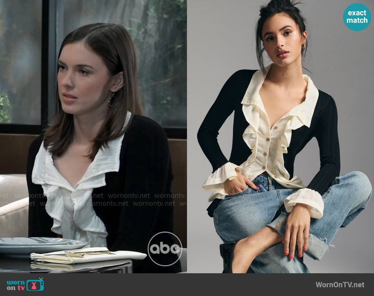 By Anthropologie Ruffle-Front Cardigan Sweater worn by Willow Tait (Katelyn MacMullen) on General Hospital