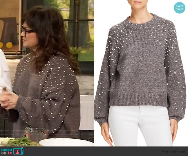 Aqua Embellished Balloon-Sleeve Sweater worn by Valerie Bertinelli on The Drew Barrymore Show