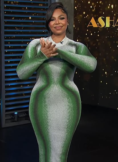 Ashanti's green long sleeve dress on Access Hollywood